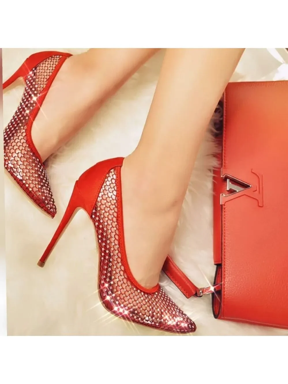 🍒last 7.5 🍓 Red  Sexy Fishnet pointed Heel